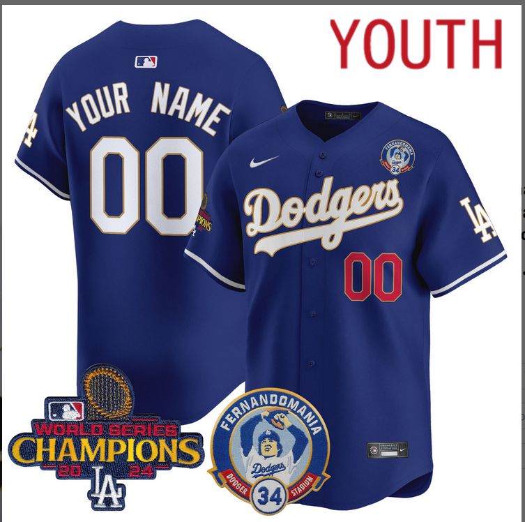 Youth MLB Los Angeles Dodgers Custom blue 2024 World Series Champions Patch Cooperstown Jersey style 9